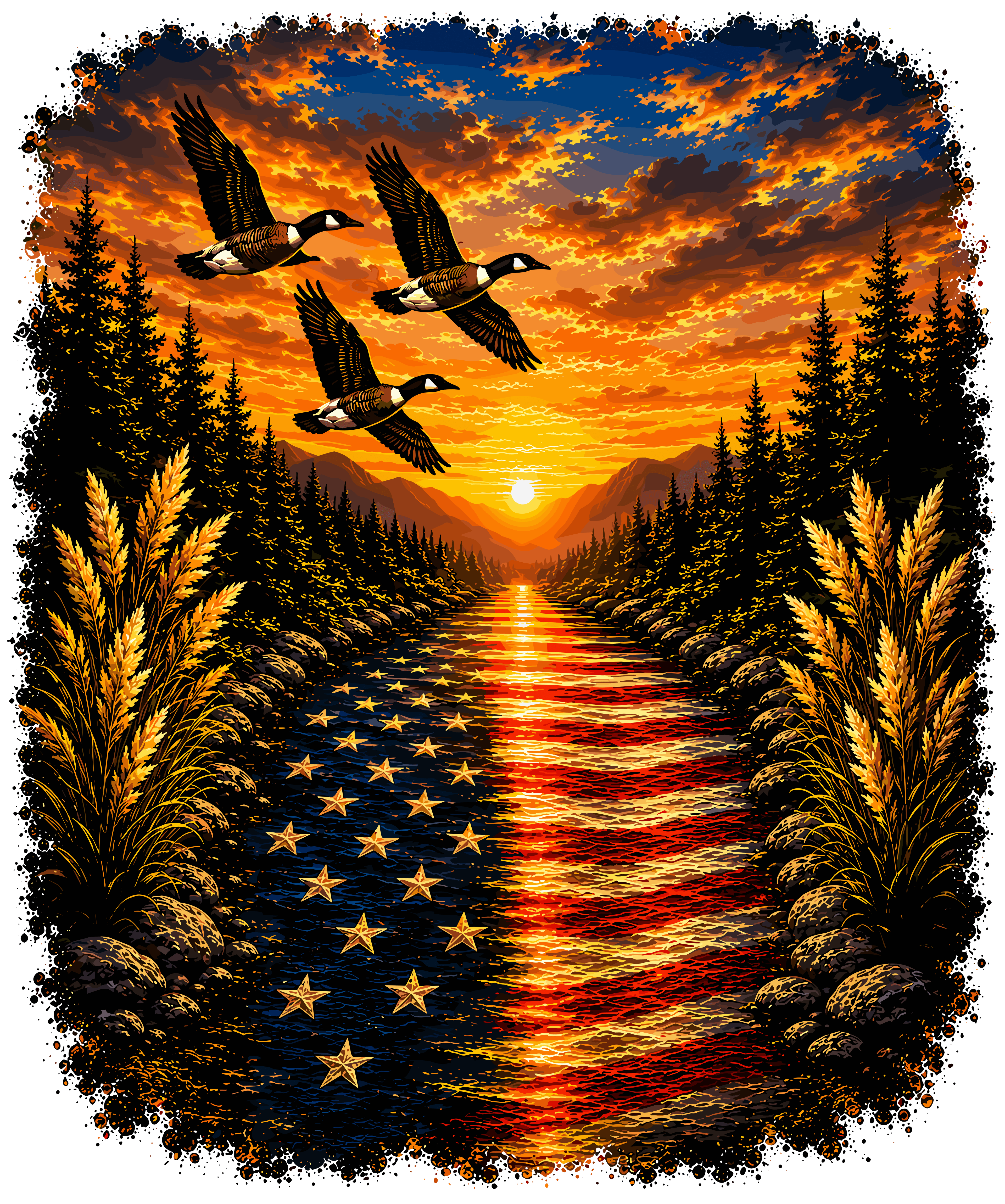 Bald eagle silhouette formed from thousands of glowing yellow fireflies, soaring over dark creek valley