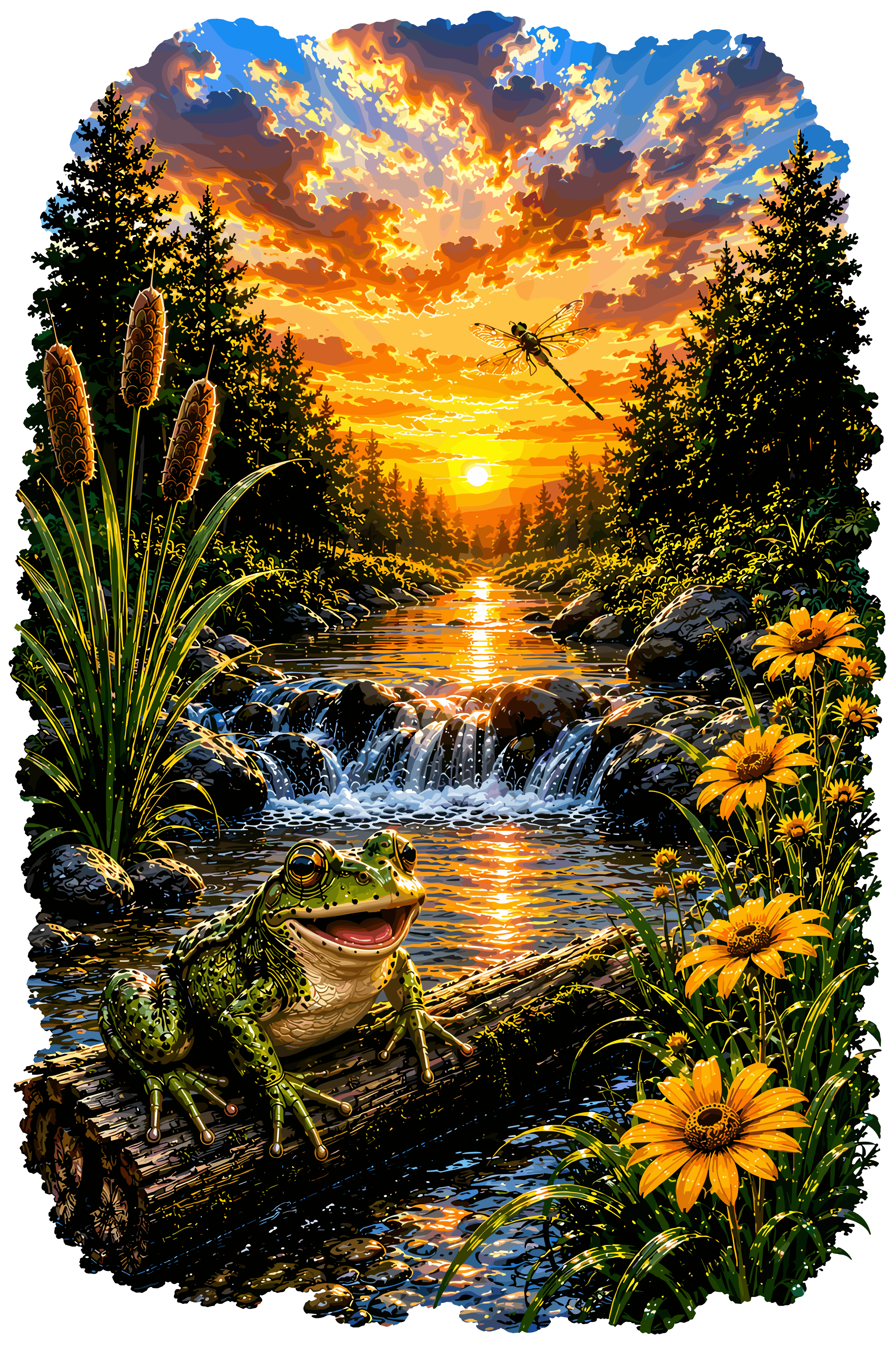 Smiling green frog sitting on log by creek at sunset, surrounded by cattails, yellow sunflowers, with dragonfly flying overhead