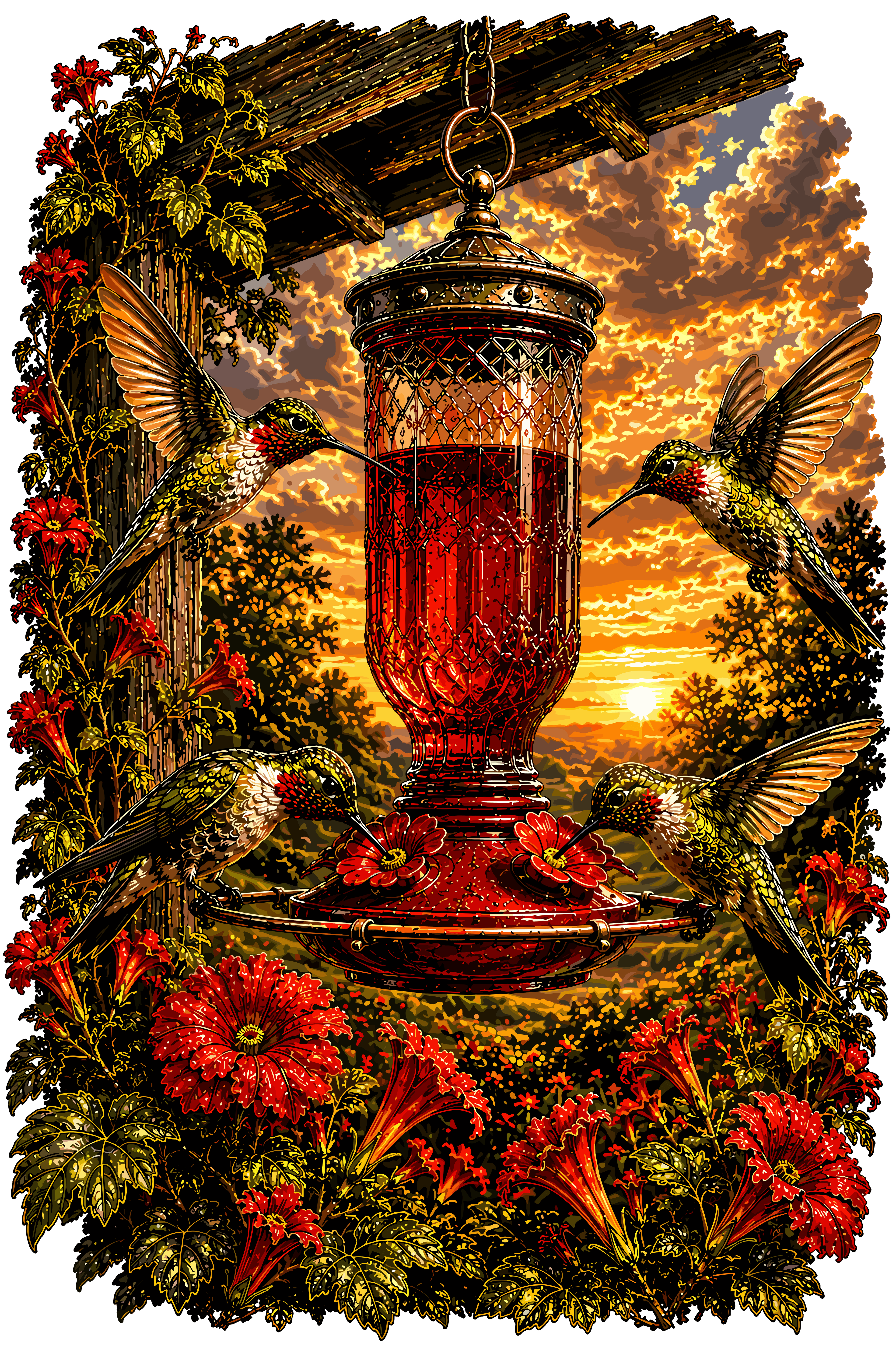 Four ruby-throated hummingbirds hovering around vintage red glass bird feeder, surrounded by red zinnias