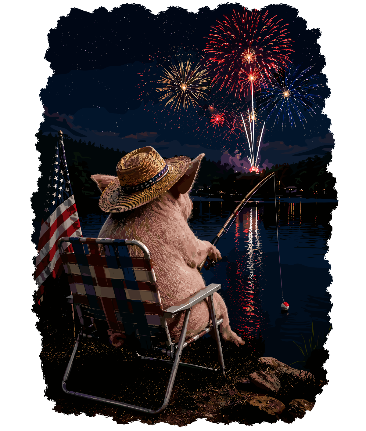 Patriotic design with American symbols, bold typography, and red/white/blue color scheme